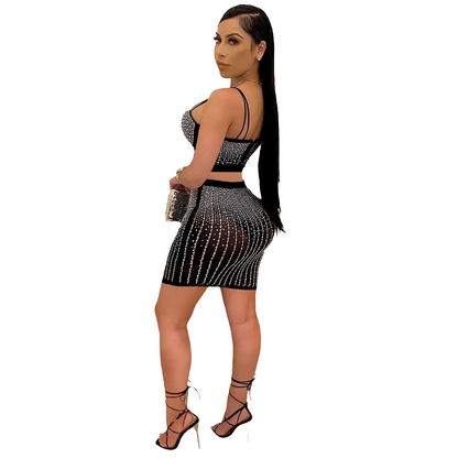 Diamonds Hot Rhinestones Elegant Women's Set Crop Top And Midi Mini Skirts Suit Sexy Club Outfits Two 2 Piece Set kpy